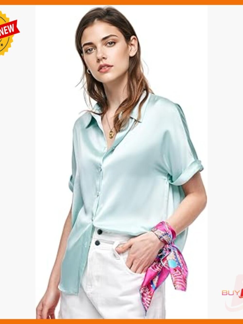 Short Sleeve Silk Button Down Blouse Relaxed Fit V-Neck Casual Top